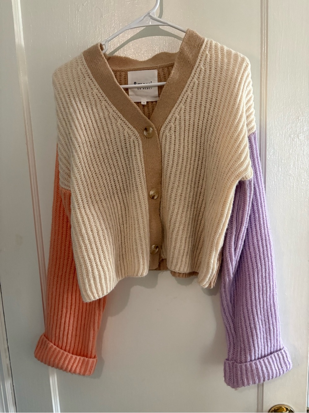 Colorblock Cropped Button-Front Cardigan in Cream with Coral & Lavender Sleeves